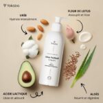prébiotiques beurre de karité acide hyaluronique huile de coco huile d’amande douce extrait de lin et de coton bétaïne de betterave